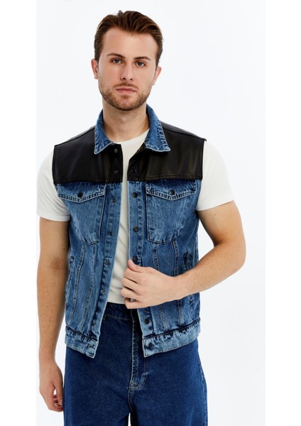 Erkek Deri Birleşenli Kot Yelek Çıt Çıt Kapamalı Niş Tasarım Günlük Kullanım fırsatları