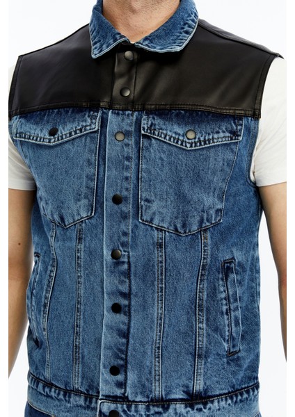 Erkek Deri Birleşenli Kot Yelek Çıt Çıt Kapamalı Niş Tasarım Günlük Kullanım indirimleri