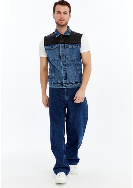 Erkek Deri Birleşenli Kot Yelek Çıt Çıt Kapamalı Niş Tasarım Günlük Kullanım