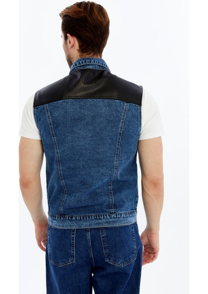 Erkek Deri Birleşenli Kot Yelek Çıt Çıt Kapamalı Niş Tasarım Günlük Kullanım