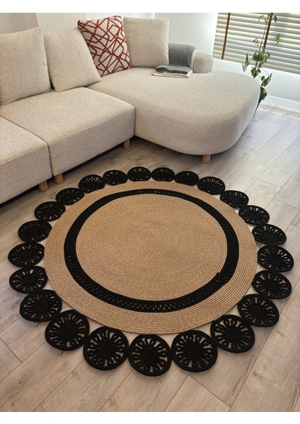 Buganvilla Hasır-Siyah Jüt Çiçek Desenli El Dokuma Antre Salon Mutfak Yatak Odası Kilim Paspas