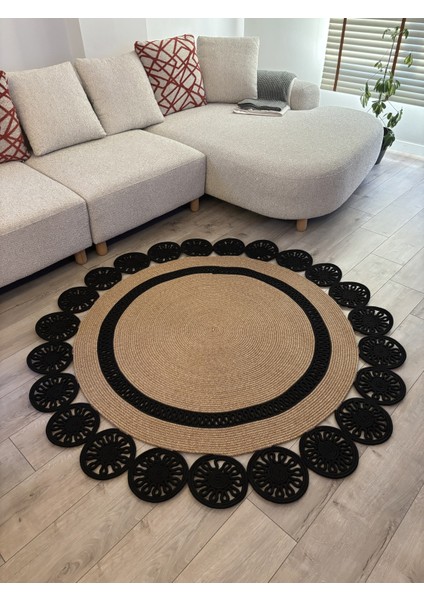 Buganvilla Hasır-Siyah Jüt Çiçek Desenli El Dokuma Antre Salon Mutfak Yatak Odası Kilim Paspas