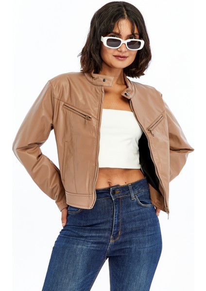 Kadın Deri Ceket Niş Kompakt Tasarım Mont Günlük Kullanım Fermuar Hakim Yaka Şık Ceket fiyatları