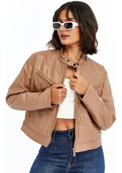 Kadın Deri Ceket Niş Kompakt Tasarım Mont Günlük Kullanım Fermuar Hakim Yaka Şık Ceket modelleri