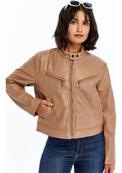 Kadın Deri Ceket Niş Kompakt Tasarım Mont Günlük Kullanım Fermuar Hakim Yaka Şık Ceket fırsatları