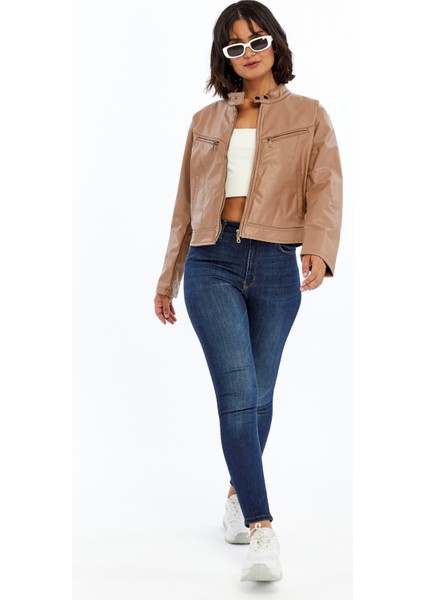 Kadın Deri Ceket Niş Kompakt Tasarım Mont Günlük Kullanım Fermuar Hakim Yaka Şık Ceket indirimleri