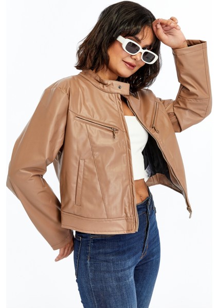 Kadın Deri Ceket Niş Kompakt Tasarım Mont Günlük Kullanım Fermuar Hakim Yaka Şık Ceket