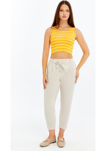 Kadın Çizgili Triko Kare Yaka Crop Atlet – Sarı Beyaz Askılı Bluz modelleri
