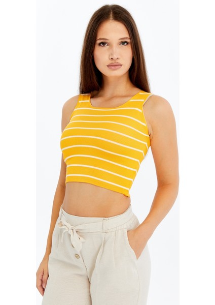Kadın Çizgili Triko Kare Yaka Crop Atlet – Sarı Beyaz Askılı Bluz fırsatları