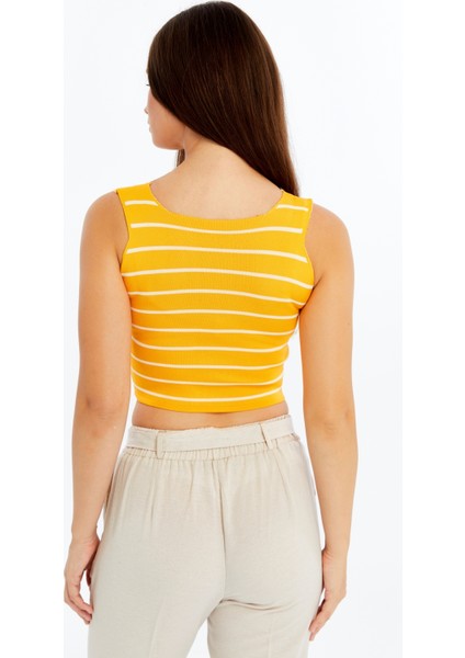 Kadın Çizgili Triko Kare Yaka Crop Atlet – Sarı Beyaz Askılı Bluz