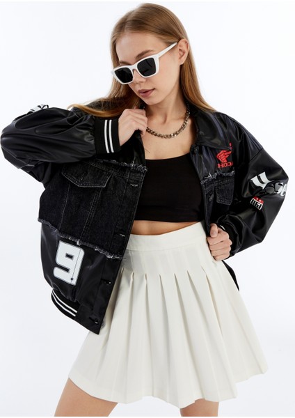 Kadın Oversize Deri ve Kot Birleşimi Baskılı Kolej Mont Ribanalı Bomber Ceket Motorcu Yarışçı Mont