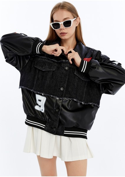 Kadın Oversize Deri ve Kot Birleşimi Baskılı Kolej Mont Ribanalı Bomber Ceket Motorcu Yarışçı Mont fiyatları