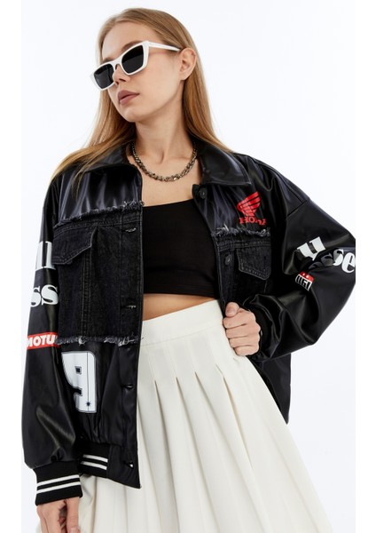 Kadın Oversize Deri ve Kot Birleşimi Baskılı Kolej Mont Ribanalı Bomber Ceket Motorcu Yarışçı Mont modelleri