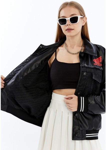 Kadın Oversize Deri ve Kot Birleşimi Baskılı Kolej Mont Ribanalı Bomber Ceket Motorcu Yarışçı Mont fırsatları