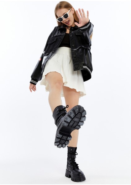 Kadın Oversize Deri ve Kot Birleşimi Baskılı Kolej Mont Ribanalı Bomber Ceket Motorcu Yarışçı Mont indirimleri