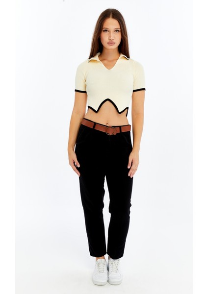 Kadın Polo Yaka V Yaka Triko Crop Bluz – Asimetrik Kesim Kısa Kollu fiyatları
