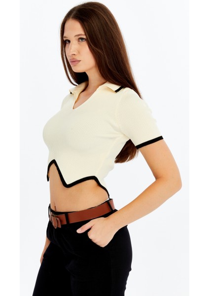 Kadın Polo Yaka V Yaka Triko Crop Bluz – Asimetrik Kesim Kısa Kollu modelleri