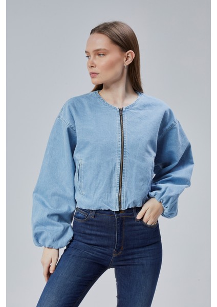 Kadın Kot Elastik Kenarlı Yumuşak Bomber Ceket Bisiklet Yaka Uzun Kollu Önü Fermuarlı Mont fırsatları