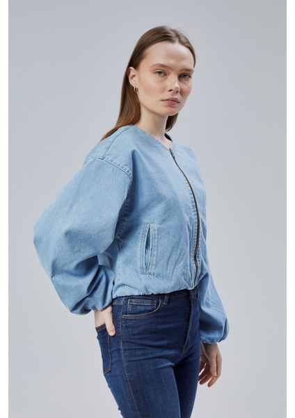 Kadın Kot Elastik Kenarlı Yumuşak Bomber Ceket Bisiklet Yaka Uzun Kollu Önü Fermuarlı Mont indirimleri