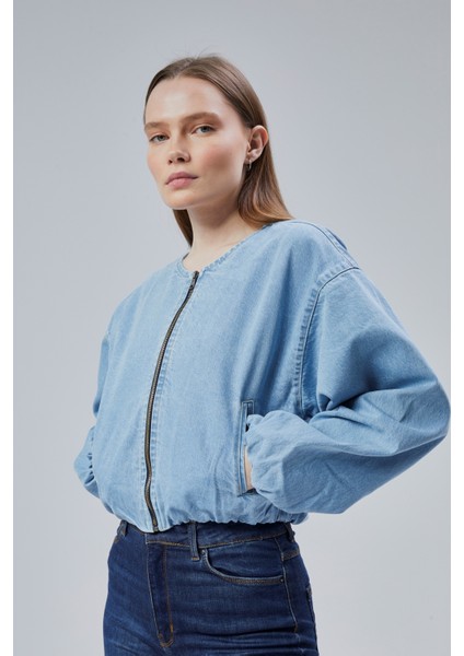 Kadın Kot Elastik Kenarlı Yumuşak Bomber Ceket Bisiklet Yaka Uzun Kollu Önü Fermuarlı Mont