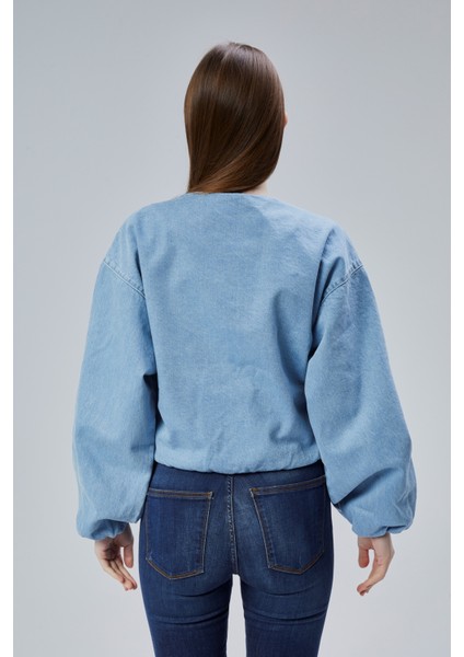 Kadın Kot Elastik Kenarlı Yumuşak Bomber Ceket Bisiklet Yaka Uzun Kollu Önü Fermuarlı Mont