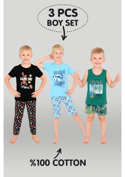 Erkek Çocuk 3'lü %100 Pamuklu 7-8-9 Yaş Pijama Takımı MODEL:108