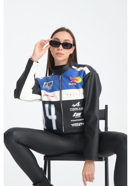 Kadın Oversize Baskılı Deri Şeritli Motorcu Montu Garnili Fermuarlı Yarışçı Ceketi Bomber Kolej Mont