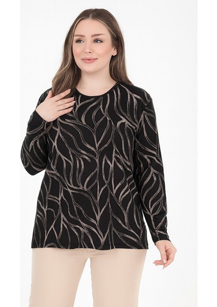 Kadın Orta Yaş Ve Üzeri Baskı Desenli Simli Likralı Yırtmaçlı Siyah Anne Penye Bluz fiyatları