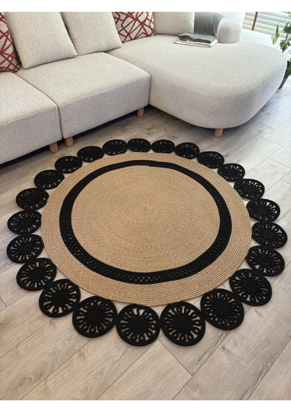 Buganvilla Hasır-Siyah Jüt Çiçek Desenli El Dokuma Antre Salon Mutfak Yatak Odası Kilim Paspas