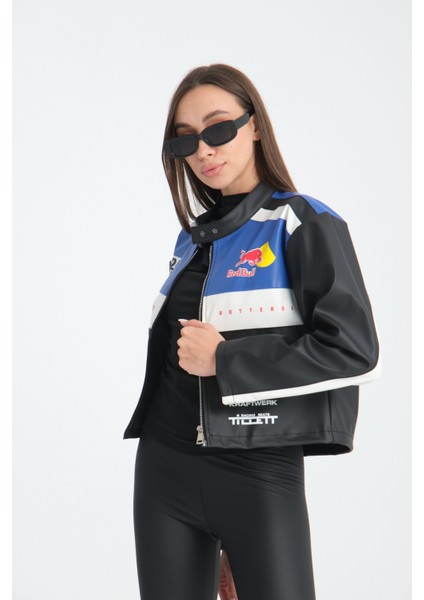 Kadın Oversize Baskılı Deri Şeritli Motorcu Montu Garnili Fermuarlı Yarışçı Ceketi Bomber Kolej Mont fiyatları