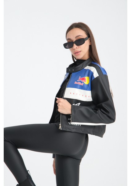 Kadın Oversize Baskılı Deri Şeritli Motorcu Montu Garnili Fermuarlı Yarışçı Ceketi Bomber Kolej Mont modelleri