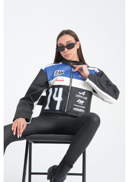 Kadın Oversize Baskılı Deri Şeritli Motorcu Montu Garnili Fermuarlı Yarışçı Ceketi Bomber Kolej Mont fırsatları