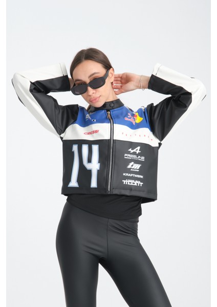 Kadın Oversize Baskılı Deri Şeritli Motorcu Montu Garnili Fermuarlı Yarışçı Ceketi Bomber Kolej Mont indirimleri