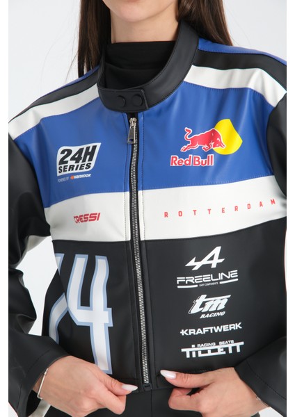 Kadın Oversize Baskılı Deri Şeritli Motorcu Montu Garnili Fermuarlı Yarışçı Ceketi Bomber Kolej Mont