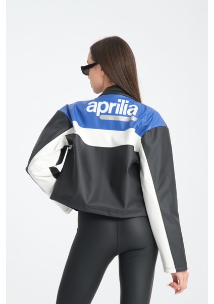 Kadın Oversize Baskılı Deri Şeritli Motorcu Montu Garnili Fermuarlı Yarışçı Ceketi Bomber Kolej Mont