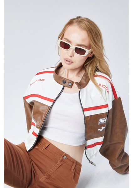 Kadın Deri Baskılı Şeritli Ceket Beli ve Kolu Lastikli Kolej Hakim Yaka Bomber Yarışçı Motorcu Mont