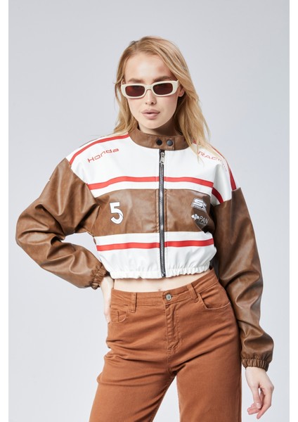 Kadın Deri Baskılı Şeritli Ceket Beli ve Kolu Lastikli Kolej Hakim Yaka Bomber Yarışçı Motorcu Mont fiyatları
