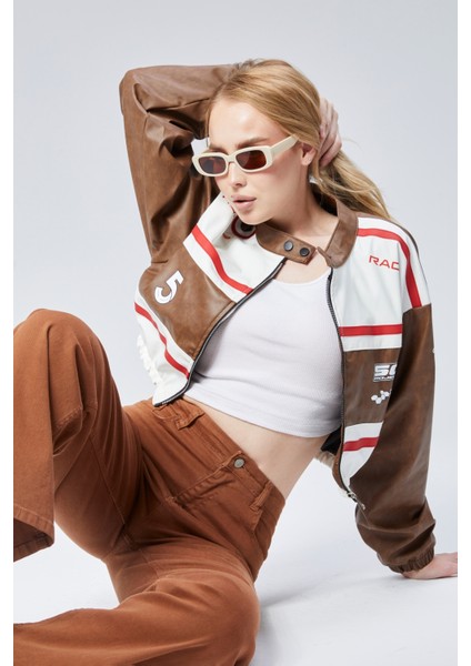 Kadın Deri Baskılı Şeritli Ceket Beli ve Kolu Lastikli Kolej Hakim Yaka Bomber Yarışçı Motorcu Mont modelleri