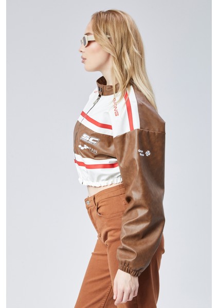 Kadın Deri Baskılı Şeritli Ceket Beli ve Kolu Lastikli Kolej Hakim Yaka Bomber Yarışçı Motorcu Mont fırsatları