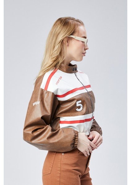 Kadın Deri Baskılı Şeritli Ceket Beli ve Kolu Lastikli Kolej Hakim Yaka Bomber Yarışçı Motorcu Mont indirimleri