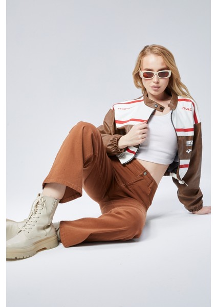 Kadın Deri Baskılı Şeritli Ceket Beli ve Kolu Lastikli Kolej Hakim Yaka Bomber Yarışçı Motorcu Mont