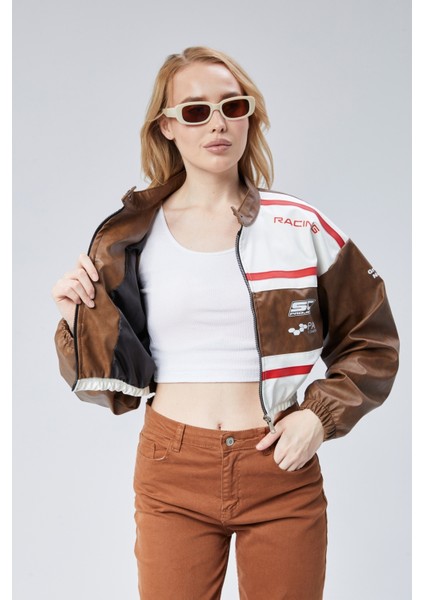 Kadın Deri Baskılı Şeritli Ceket Beli ve Kolu Lastikli Kolej Hakim Yaka Bomber Yarışçı Motorcu Mont