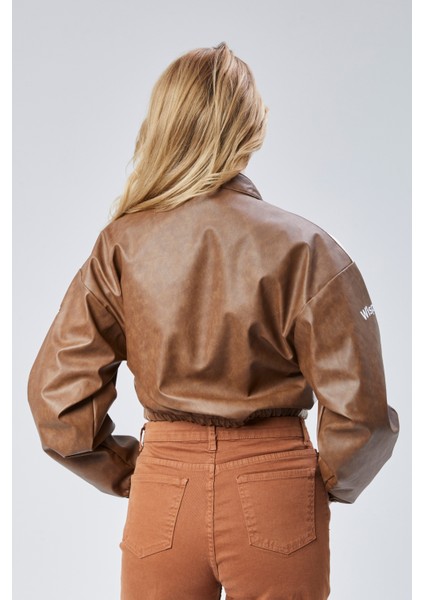 Kadın Deri Baskılı Şeritli Ceket Beli ve Kolu Lastikli Kolej Hakim Yaka Bomber Yarışçı Motorcu Mont