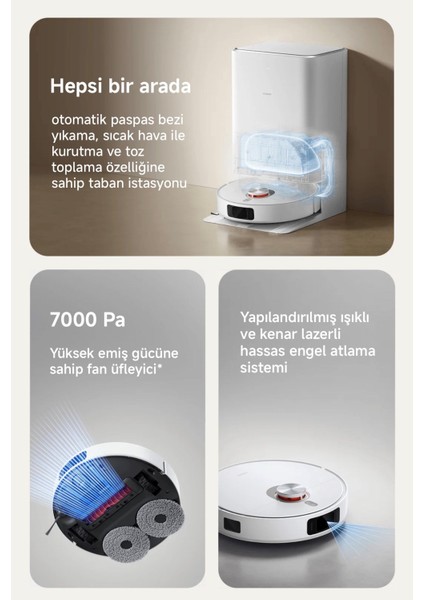 7000PA Yüksek Emiş Güçlü Istasyonlu Akıllı Halı Algılama Özellikli Robot Süpürge | Kendini Temizleme, Otomatik Paspas Bezi Yıkama, Sıcak Hava ile Kurutma + Lambader(Onerous) modelleri