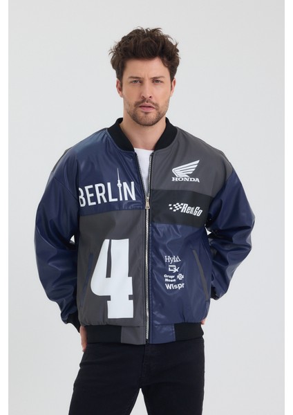 Erkek Oversize Deri Garnili Baskılı Motorcu Montu Kolej Ceketi Bomber Günlük Mont