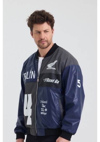 Erkek Oversize Deri Garnili Baskılı Motorcu Montu Kolej Ceketi Bomber Günlük Mont