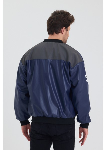 Erkek Oversize Deri Garnili Baskılı Motorcu Montu Kolej Ceketi Bomber Günlük Mont