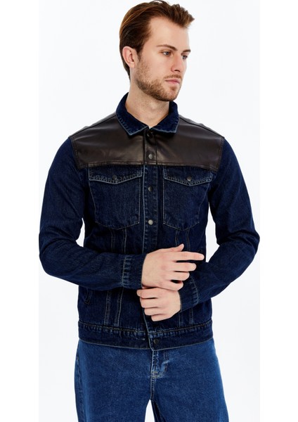Erkek Deri Birleşenli Kot Ceket Niş Tasarım Günlük Kullanım