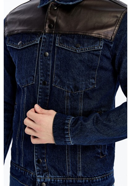 Erkek Deri Birleşenli Kot Ceket Niş Tasarım Günlük Kullanım