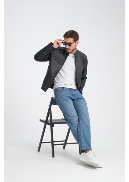 Erkek Fit Kalıp Motorcu Mont Düz Yarışçı Ceket Kolej Mont